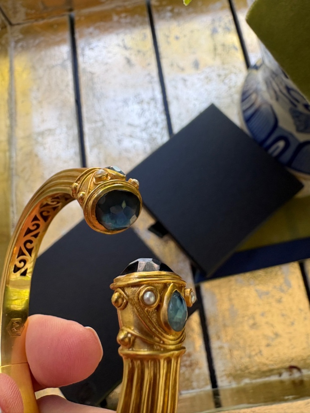 Julie Vos Gold Hinged Cuff Bracelet with Blue and Pearl Stones - Picture 7 of 9